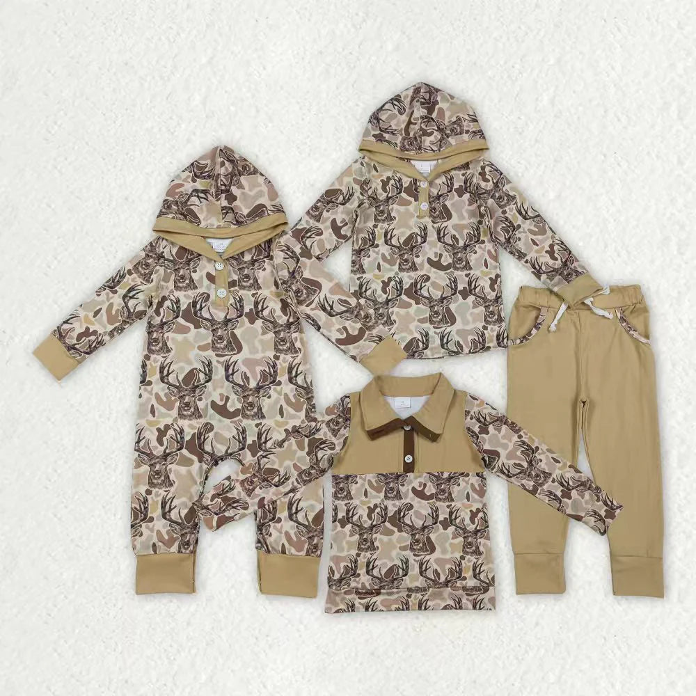 Sibling Baby Boys Hunting Camo Deer Hoodie Set/Pullover Top /Romper Long Sleeve