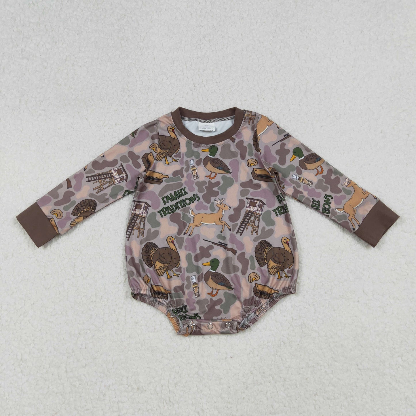LR2440  Baby Boys Family Traditions Camo Long Sleeve Bubble Romper
