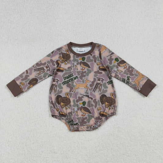 LR2440  Baby Boys Family Traditions Camo Long Sleeve Bubble Romper
