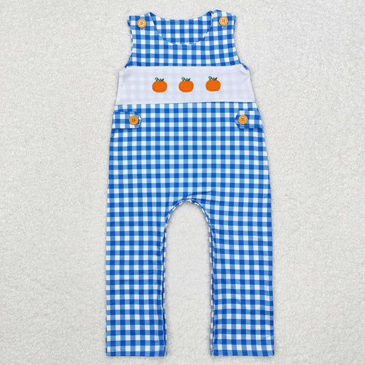 SR1949 Baby Boys Pumpkin Blue Gingham Sleeveless Romper