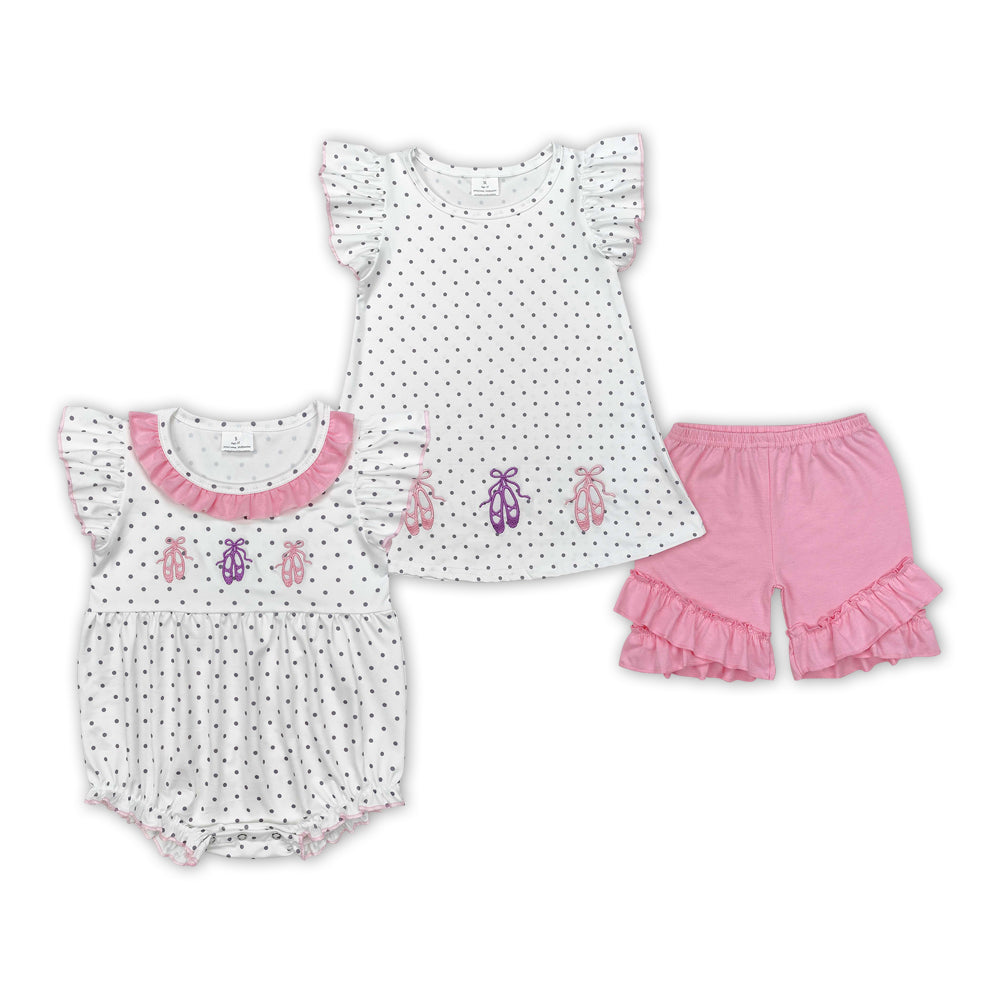 Sibling Baby Girls Flutter Sleeves Embroidery Toe Shoes Sets And Rompers