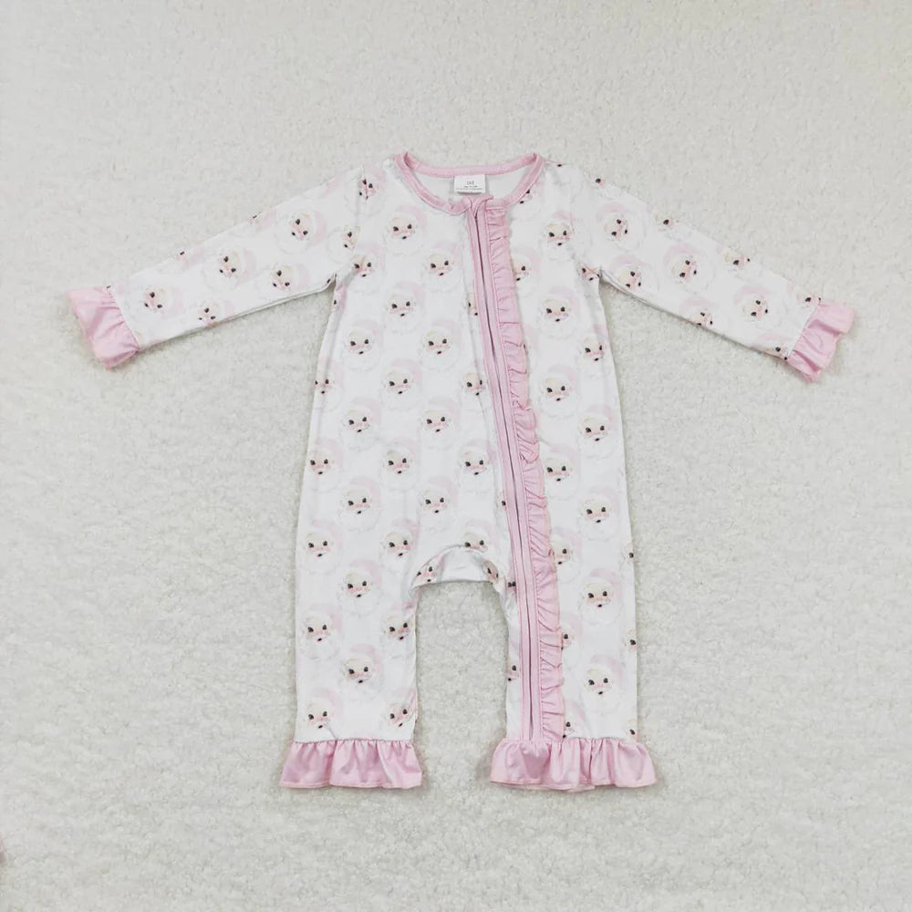 LR0584 USA Shop Baby Girls Pink Santa Christmas Ruffle Rompers