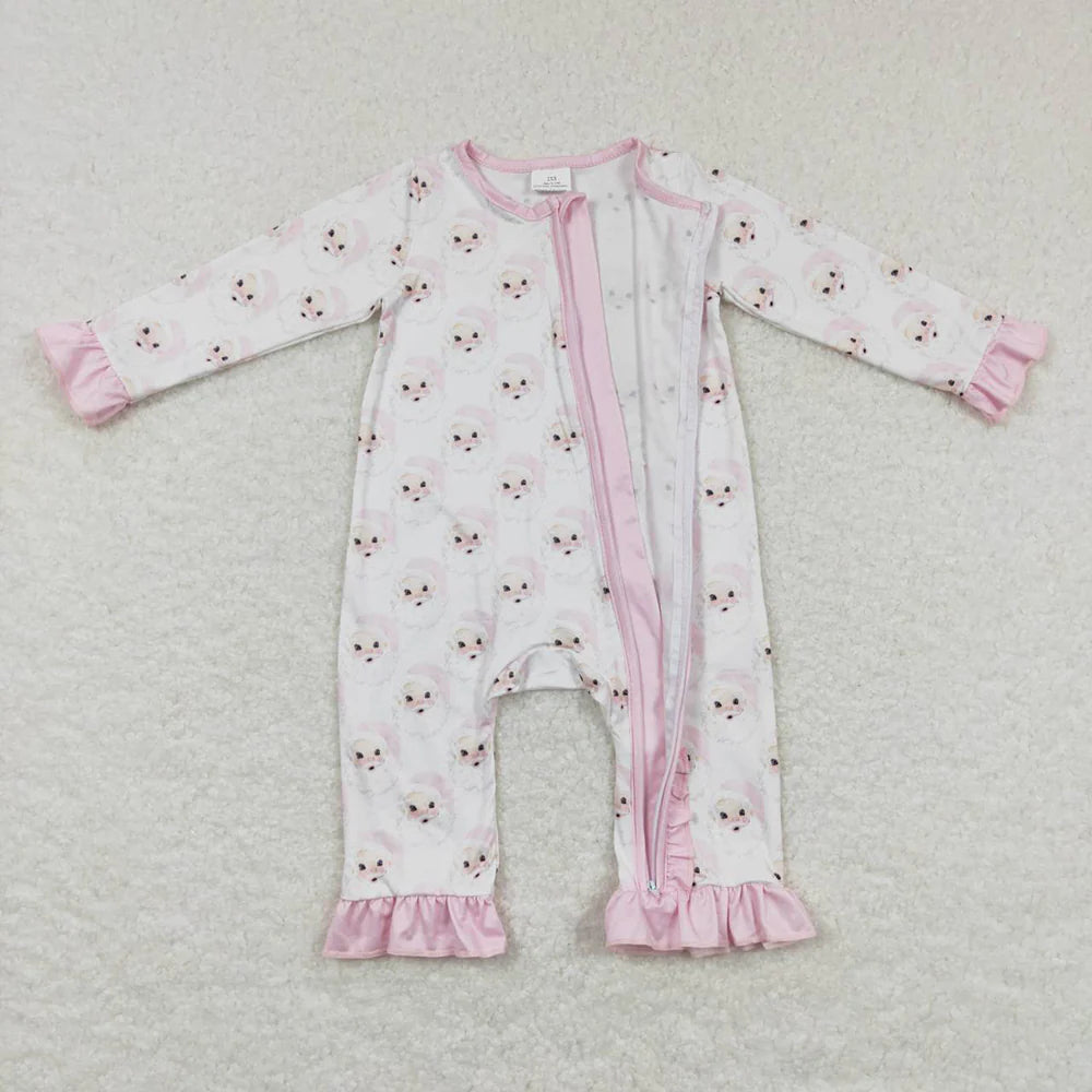 LR0584 USA Shop Baby Girls Pink Santa Christmas Ruffle Rompers