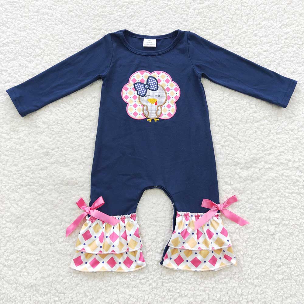 LR0326 USA Shop Baby Girls Embroidery Turkey Thanksgiving  Rompers