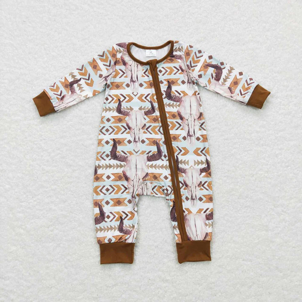 LR0674 USA Shop Baby Kids Western Cow Aztec Long Sleeve Rompers