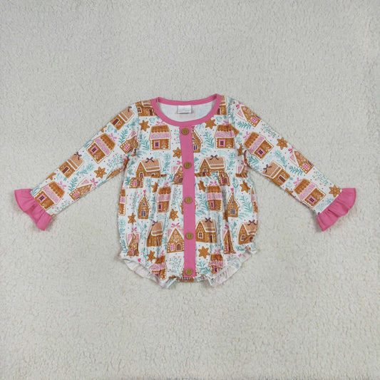LR2282 Baby Girls Christmas Cake House Long Sleeve Bubble Romper