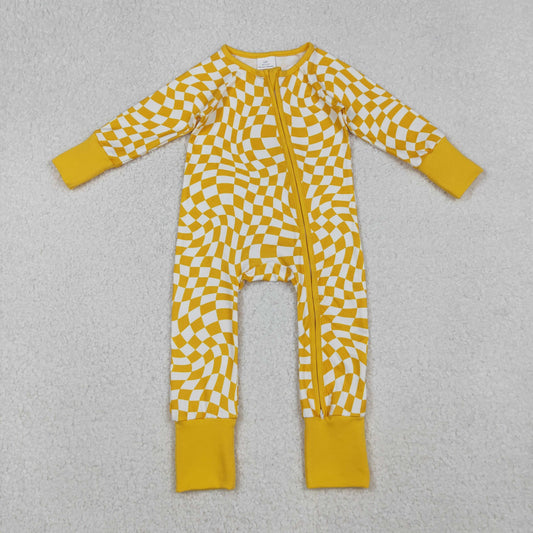 LR1089 Baby Girls Yellow Checked Long Sleeve Zippy Romper