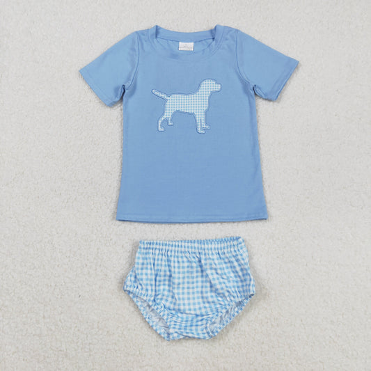 GBO0470 Baby Boys Embroidery Dog Blue Bummie Set