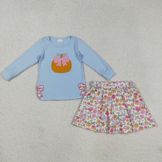 GLD1172 Kids Girls Applique Pumpkin Broken Bow Blue Top With Floral Skort Set