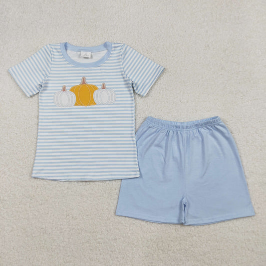 BSSO1548 Baby Boys Applique Pumpkin Blue Striped Shorts Outfit