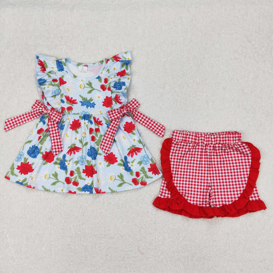 Baby Girls Ruffle Sleeveless Bows Floral Tunic Red Plaid Ruffle Short Set
