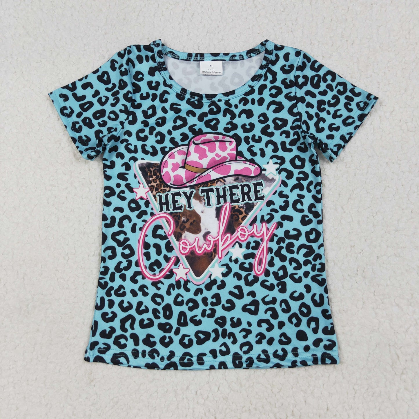Baby Girls Short Sleeves Blue Leopard Cowboy HEY THERE Print Top Shirts