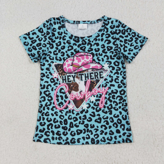 Baby Girls Short Sleeves Blue Leopard Cowboy HEY THERE Print Top Shirts