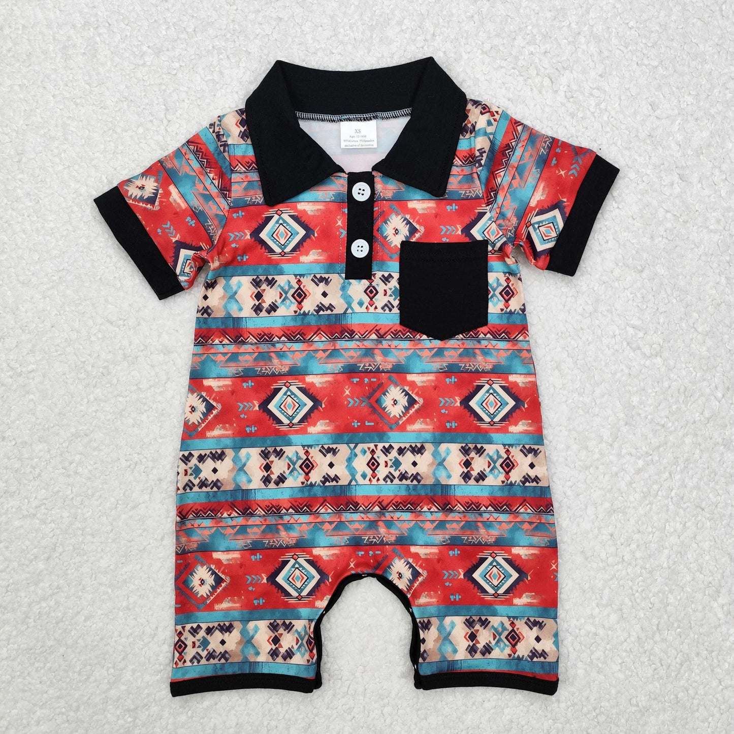 Baby Boys Romper Aztec Stripe Print Button down Black Pocket Romper