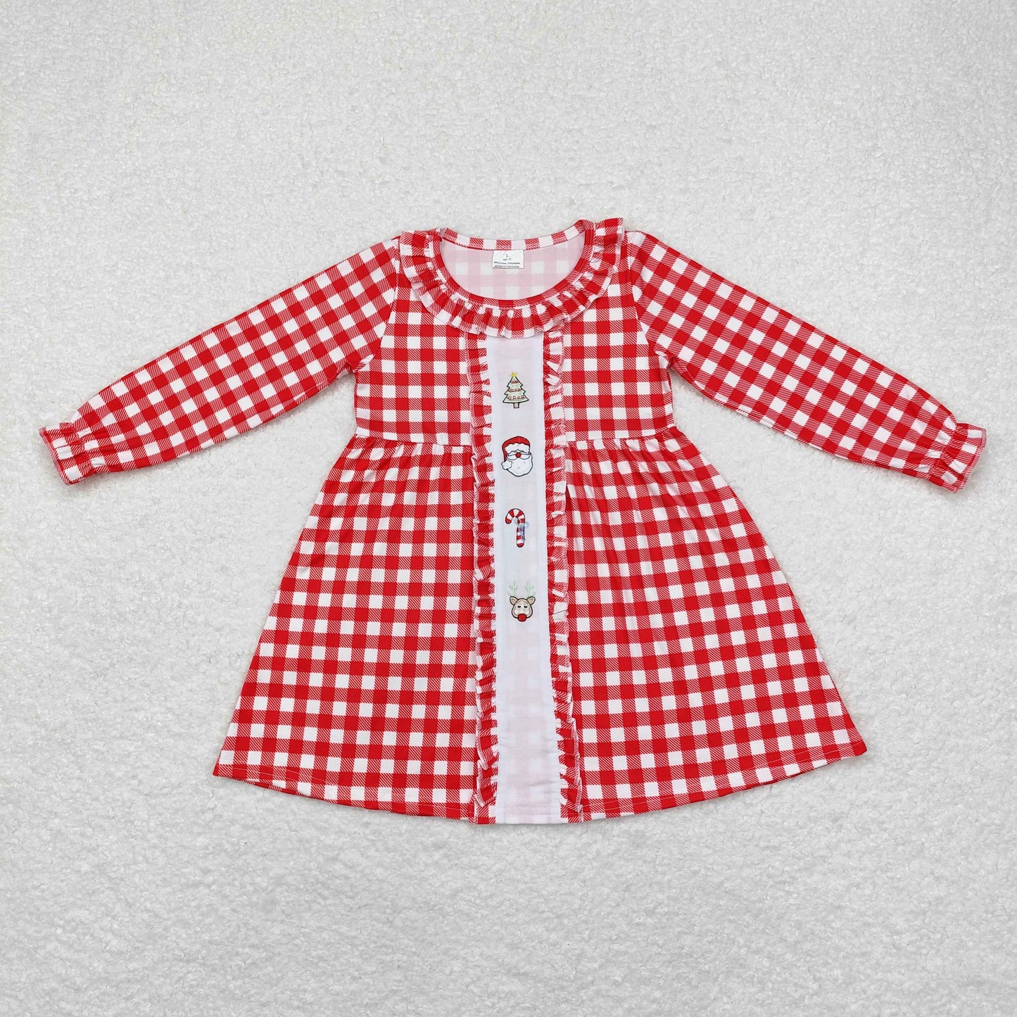 GLD0634 Baby Girls Christmas Gingham Long Sleeve Dress