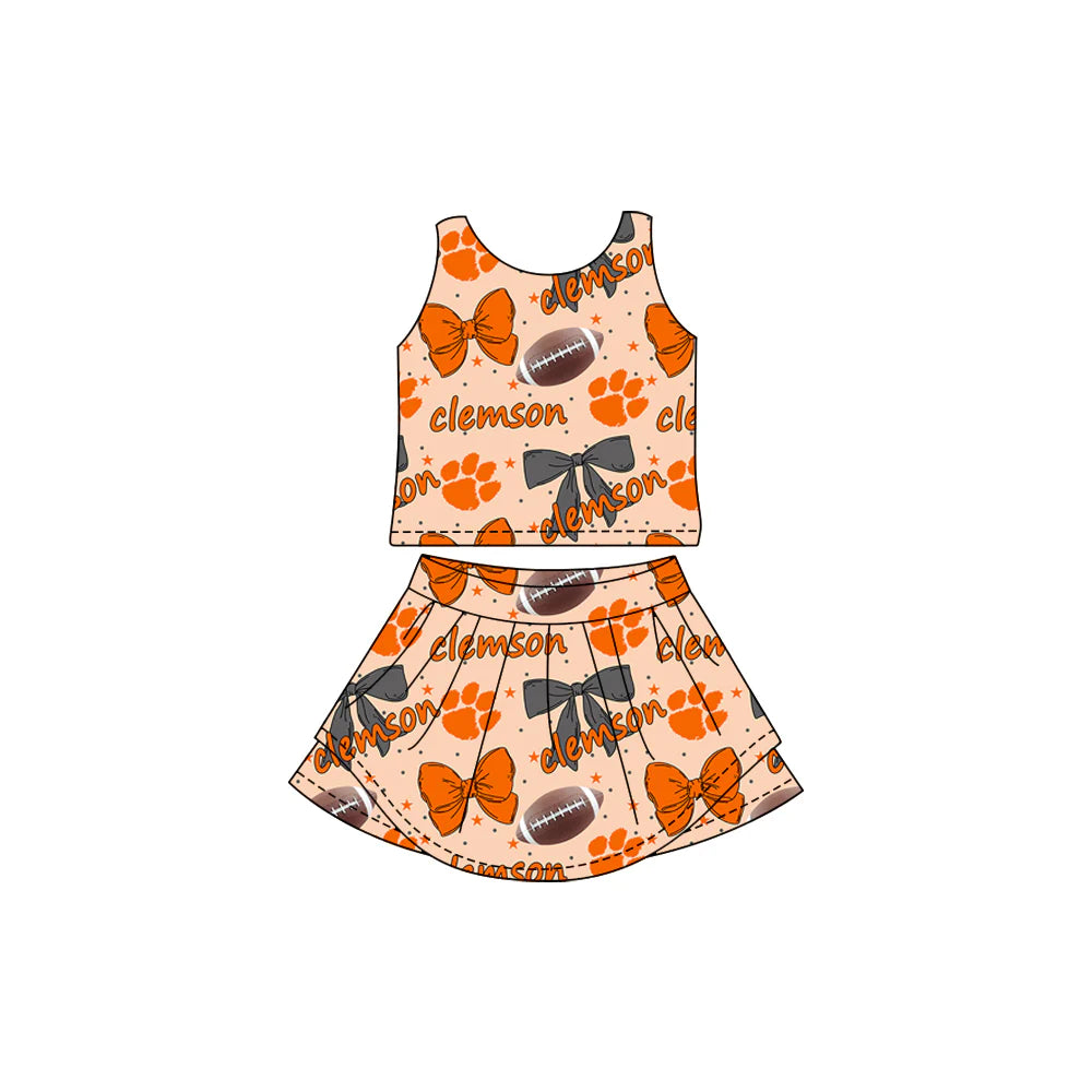 Preorder 5 MOQ Baby Girls Sleeveless Team Clemson Footballs Bows Vest Top Skorts Set