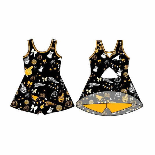 Preorder 5 MOQ Baby Girls Sleeveless Black Bulldogs Bows Football Team Shorts Dresses