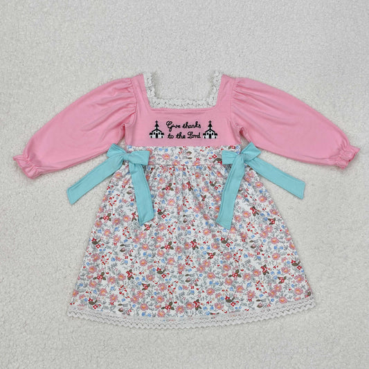 Baby Girls Pink Long Ruffle Sleeves Embroidery Church Floral Bows Print Dress