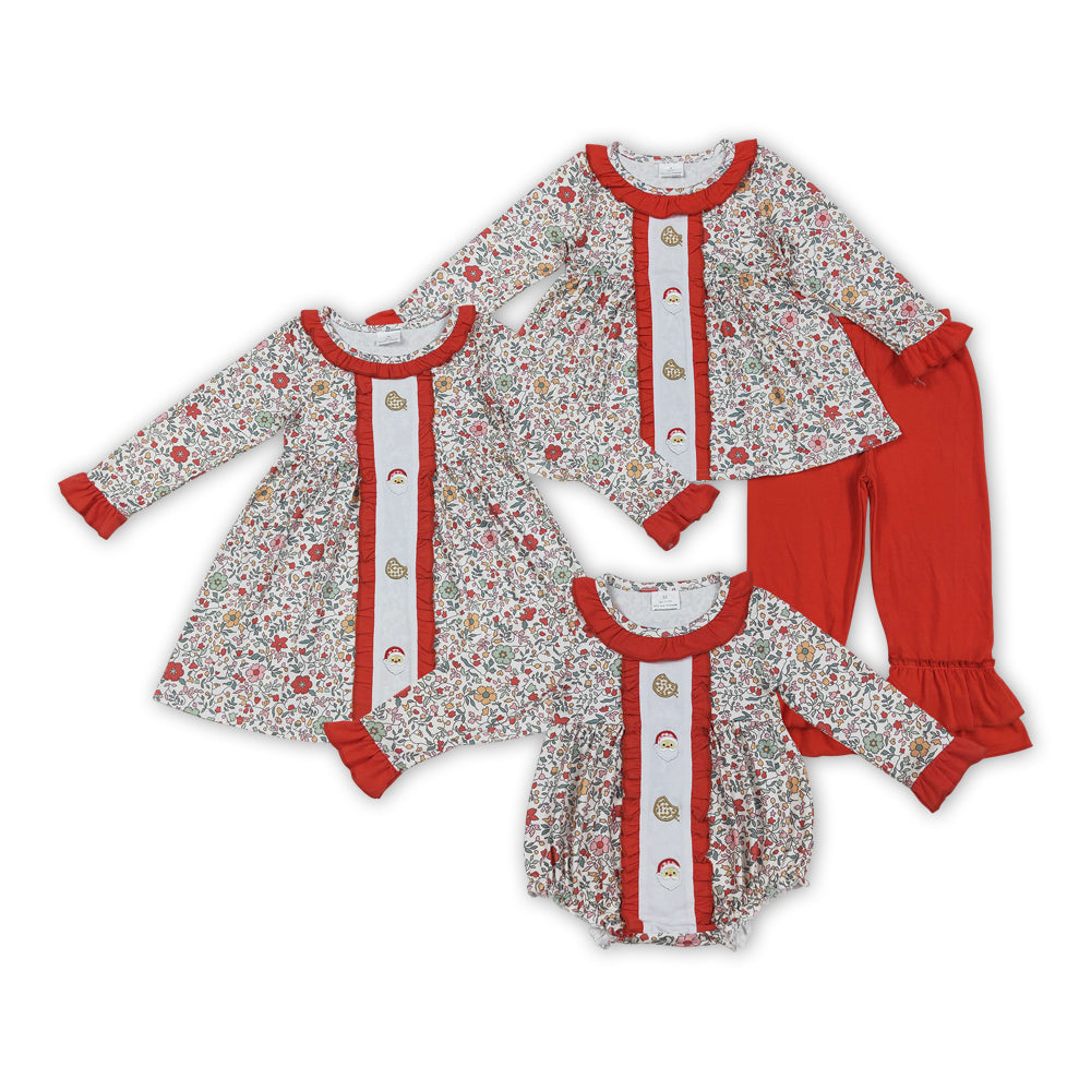 Sibling Baby Girls Christmas Santa Cookie Floral Matching Clothing