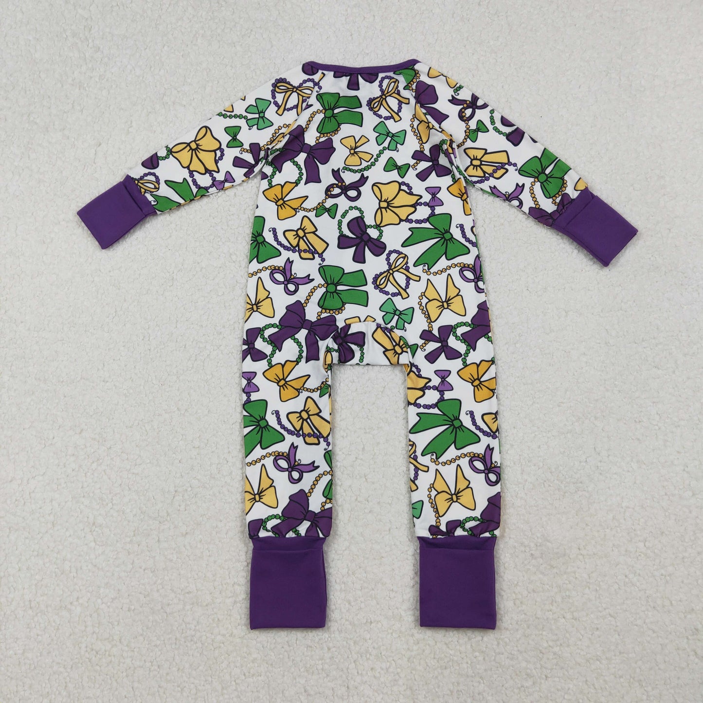 Baby Girls Mard Gras Purple Bow Long Sleeve Zippy Romper