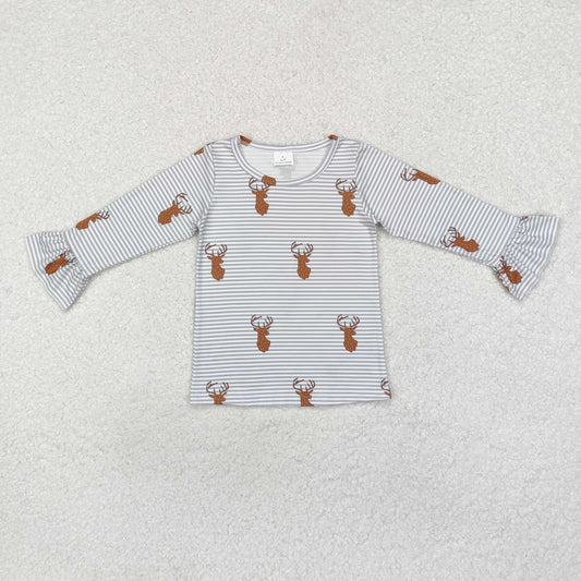 Baby Girls  Deer Grey Striped Long Sleeve Top With Ruffle