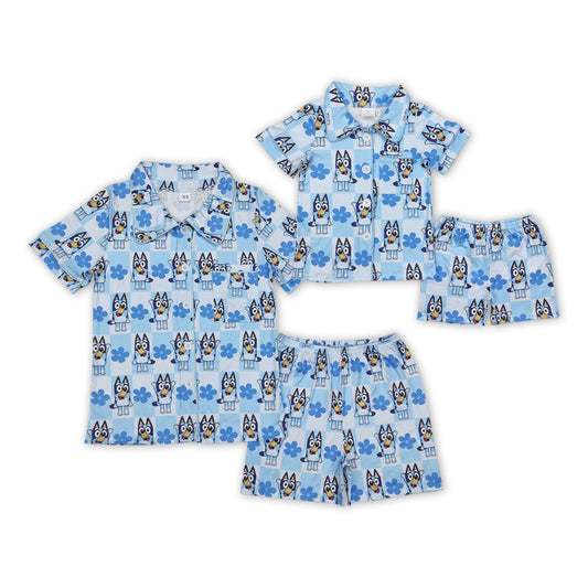 Sibling Mama And Me Blue Plaid Short Sleeves Button Down Cartoon Blue Dogs Top Shorts Pajamas Set