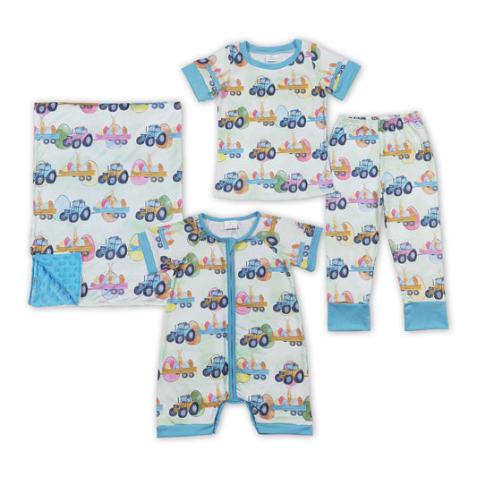 Sibling Baby Boys Blue Short Sleeves Bunny Eggs Easter Pajamas Set Blanket And Rompers