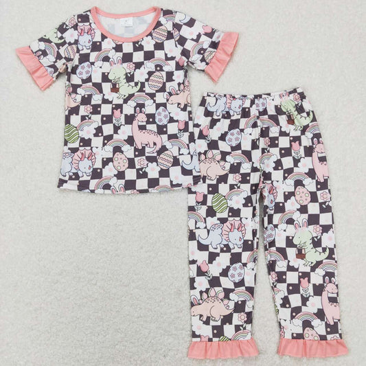 Baby Girls Pink Short Ruffle Sleeves Black Plaid Bunny Dinosaurs Top Pant Eatser Pajamas Set