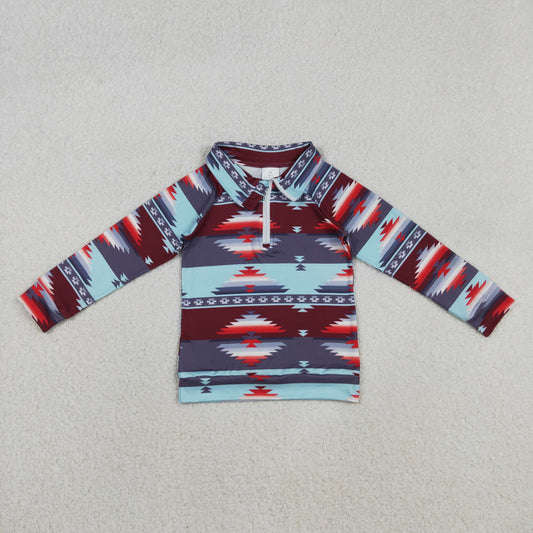 BT1467 Baby Boys Western Aztec Long Sleeve Half Zip Pullover Top