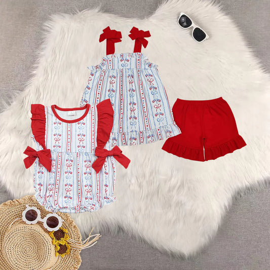 Sibling Baby Girls Red Bows Flag July 4th Rompers Outfits Sets