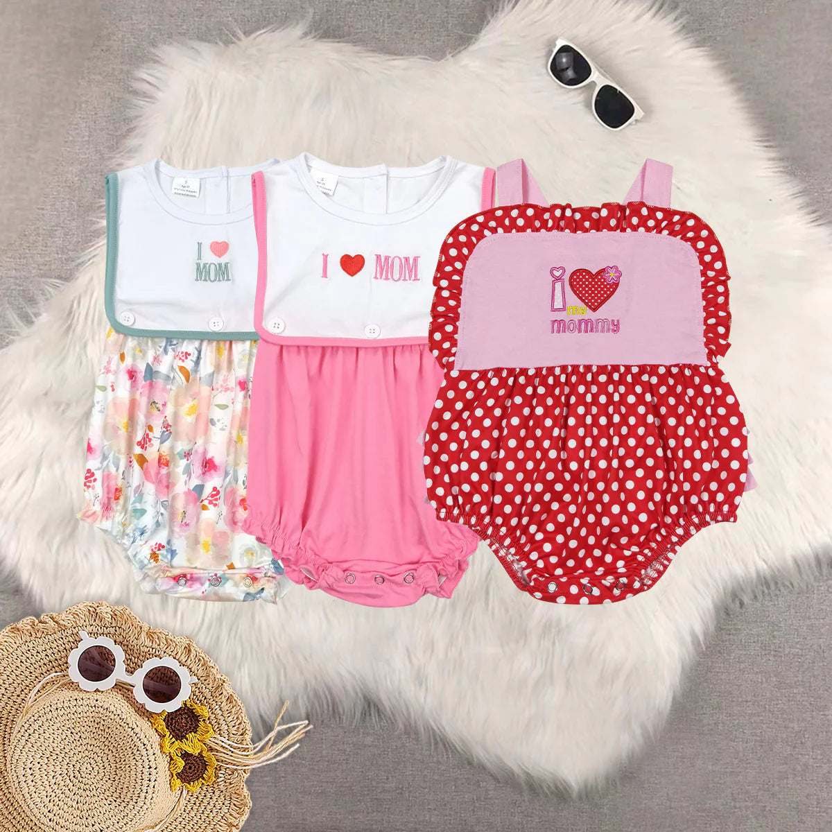 Embroidery I Love Mom Baby Girls Bubble Romper