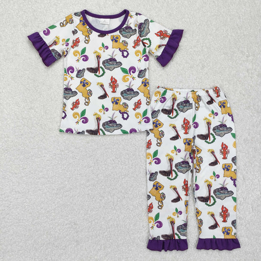 Baby Girls Mardi Gras Purple Short Ruffle Sleeves Anchors Crayfishes Top Pant Pajamas Set