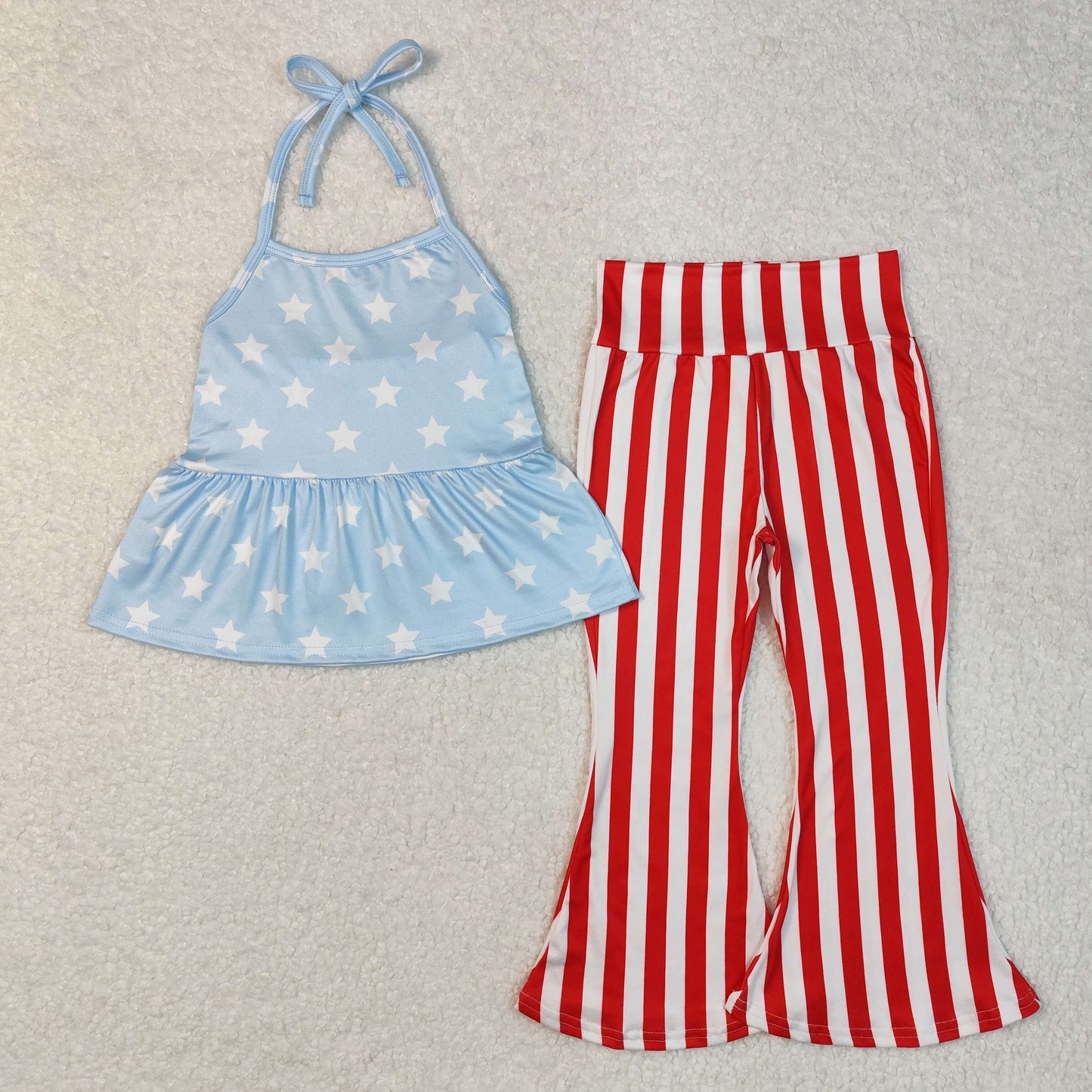 Baby Girls Light Blue Strap Stras Tunic Red Stripe Flame Pant 4thOf July  Set