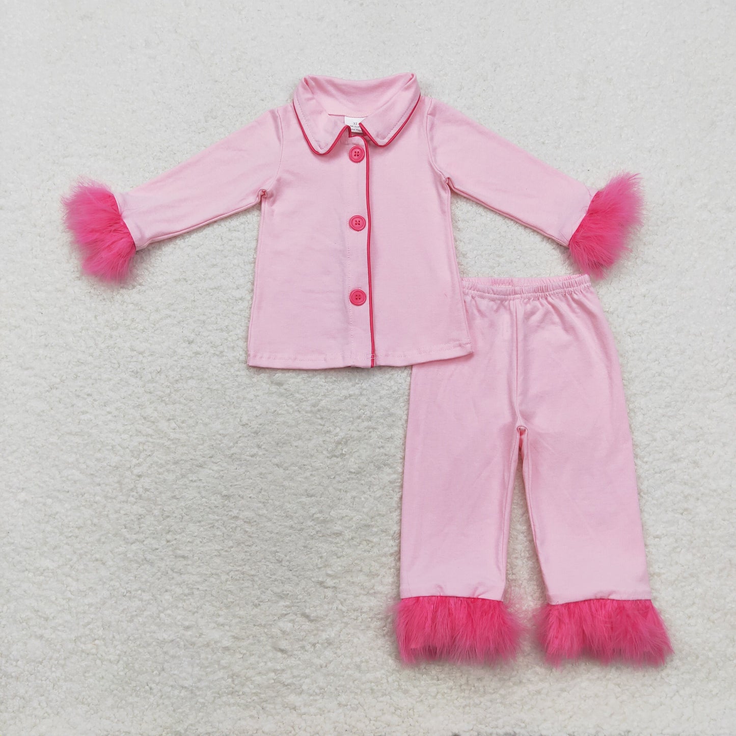 Baby Girls Pink Knit Cotton Pajama Set With Fur