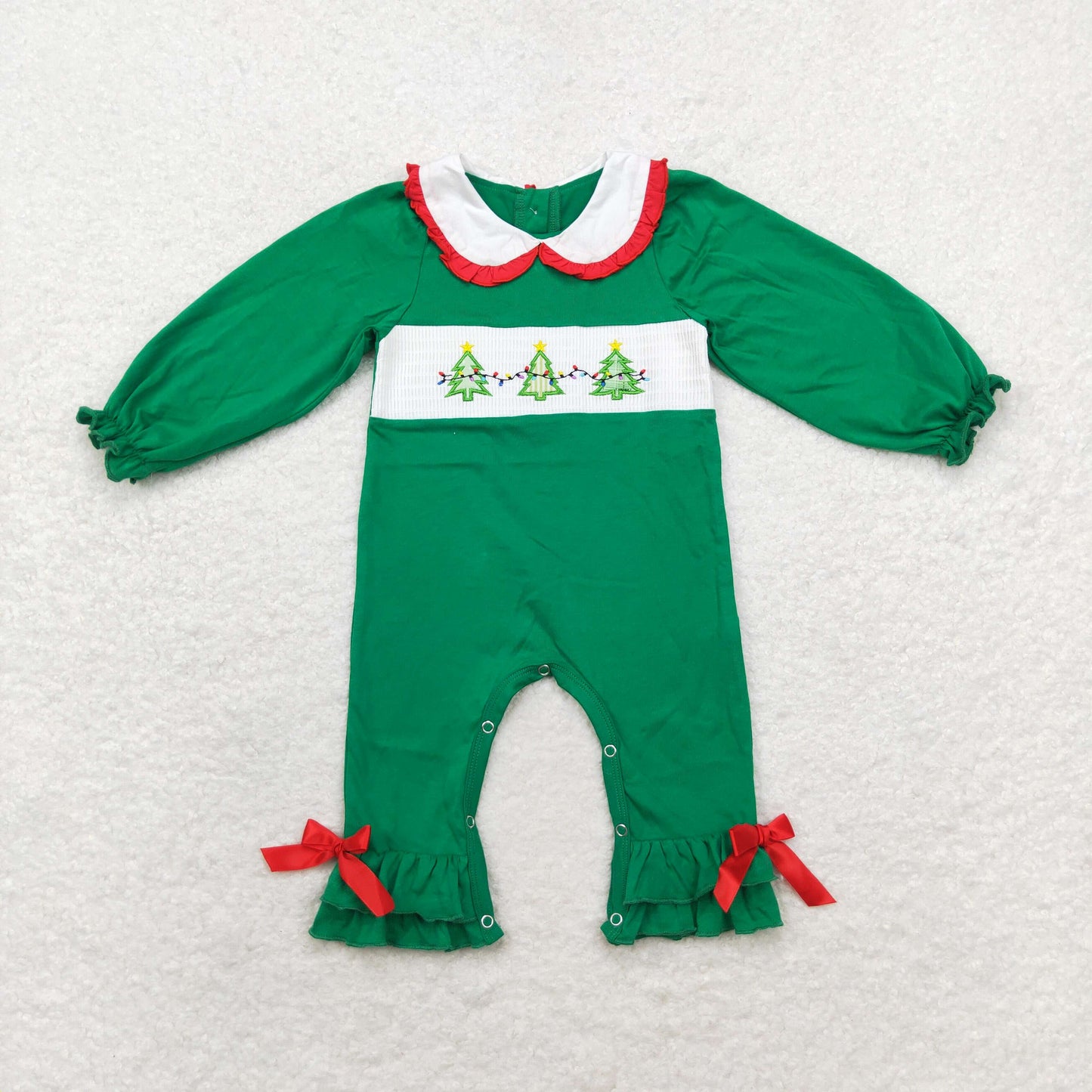 Newborn Baby Girls Christmas Tree Green Smocked Romper