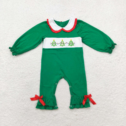 Newborn Baby Girls Christmas Tree Green Smocked Romper