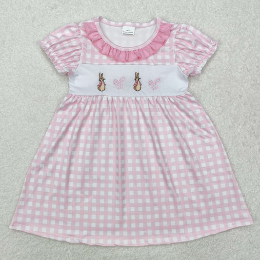 Baby Girls Short Ruffle Sleeves Pink Plaid Embroidery Rabbit Easter Dress