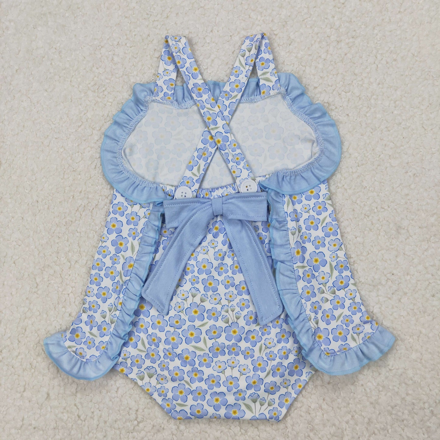 Baby Girls Blue Strap Floral Backless Bow Rompers