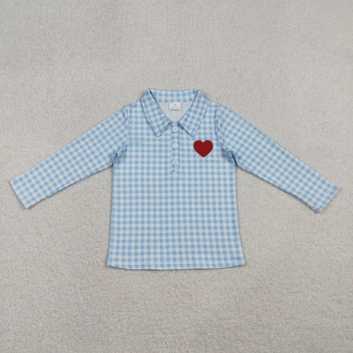 BT1386 Baby Boys Heart Blue Gingham Long Sleeve Top