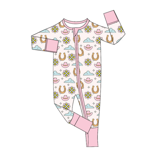 3 MOQ Baby Girls Western Pink Long Sleeve Zip Romper Pre-order