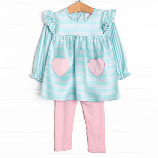 Baby Girls Aqua Stripe Long Flutter Sleeves Pink Pockets Tunic pants Set Preorder 5 MOQ