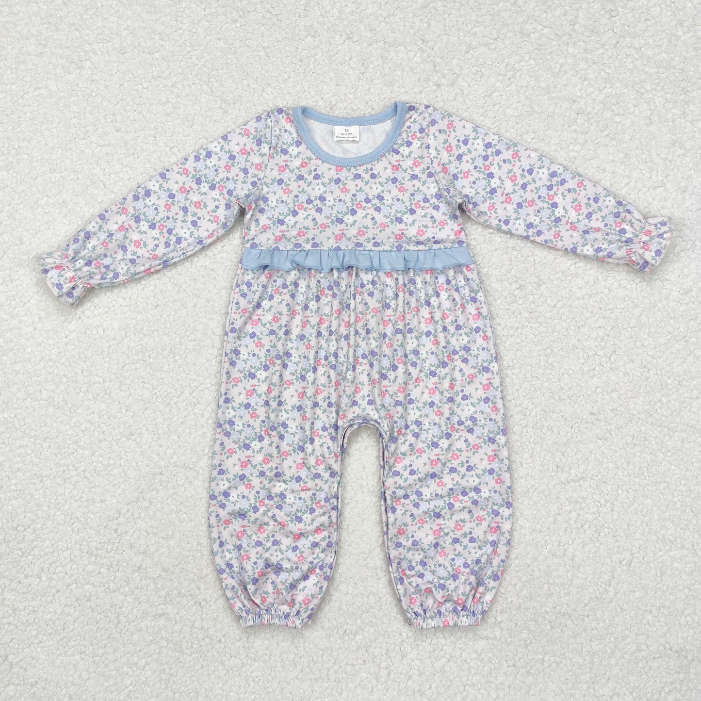 Baby Girls Long Sleeves Floral Print Blue Ruffle Rompers