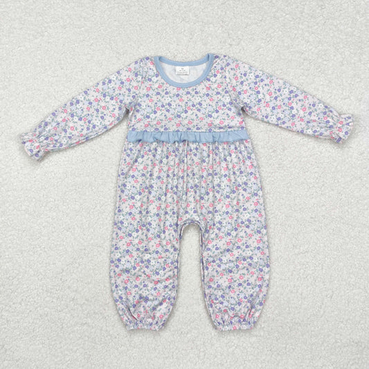 Baby Girls Long Sleeves Floral Print Blue Ruffle Rompers