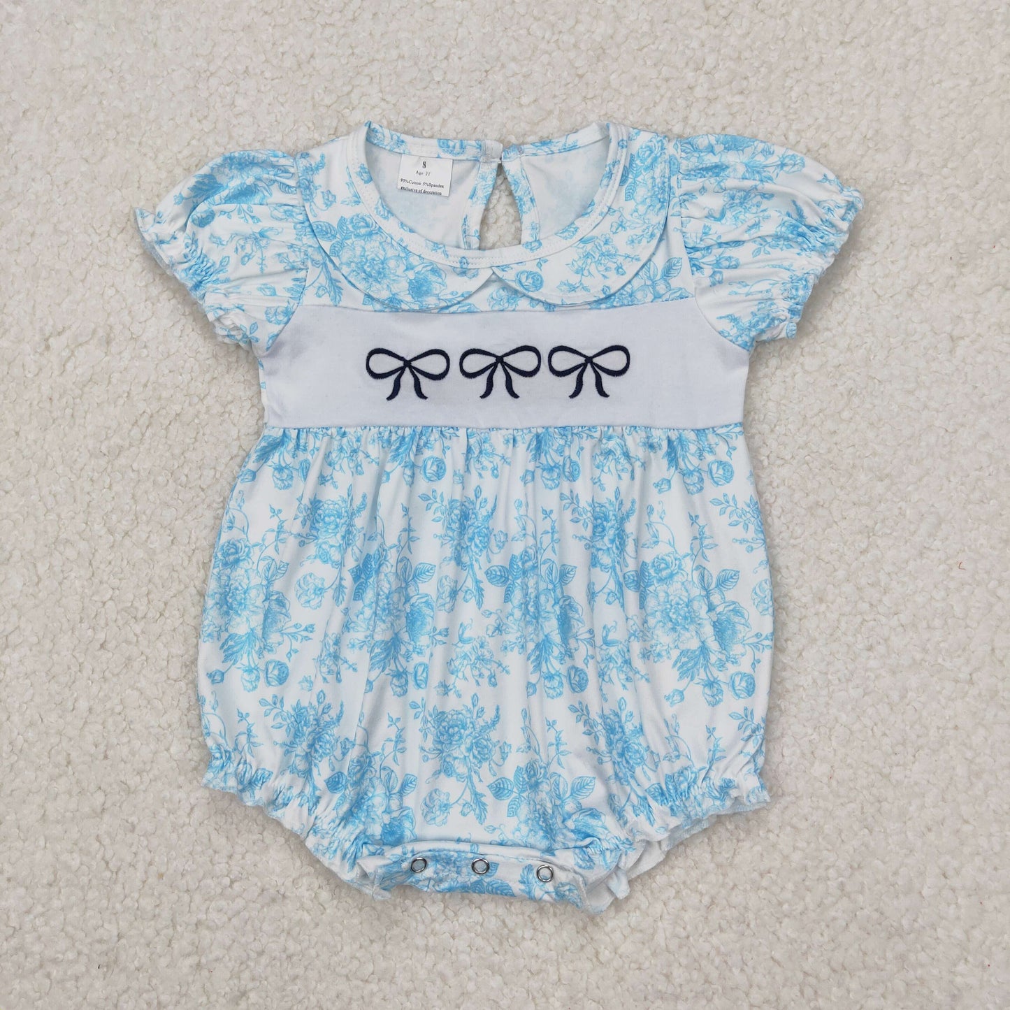 Baby Girls Blue Short Ruffle Sleeves Embroidery Bows Top Floral Rompers