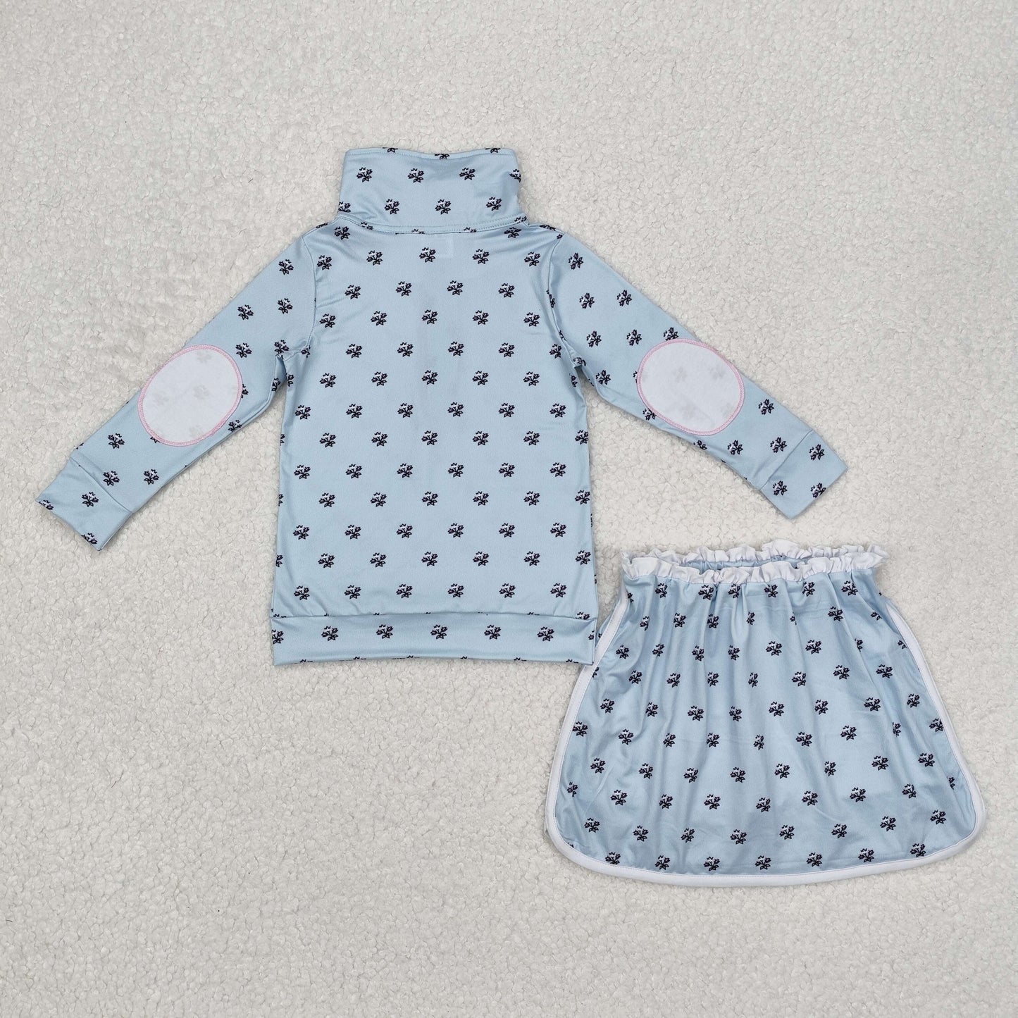 Baby Girls Zipper Pullover Blue Floral Print Top Skirt With Shorts Set
