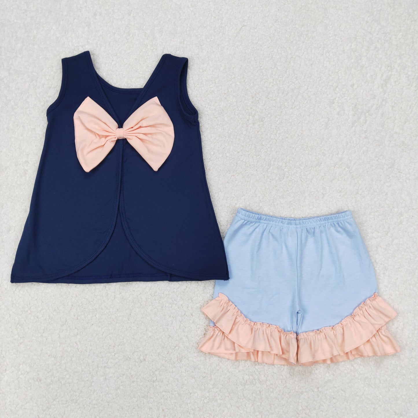 Baby Girls Navy Sleeveles Backless Pink Bow Tunic Blue Ruffle Short Set