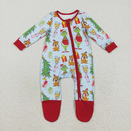 LR2479 Baby Girls Christmas Cartoon Grinc Long Sleeve Zippy Footed Romper