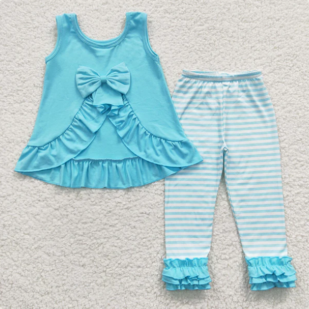 Baby Girls Aqua Sleeveless Ruffle Vest Top Stripe Pant Set