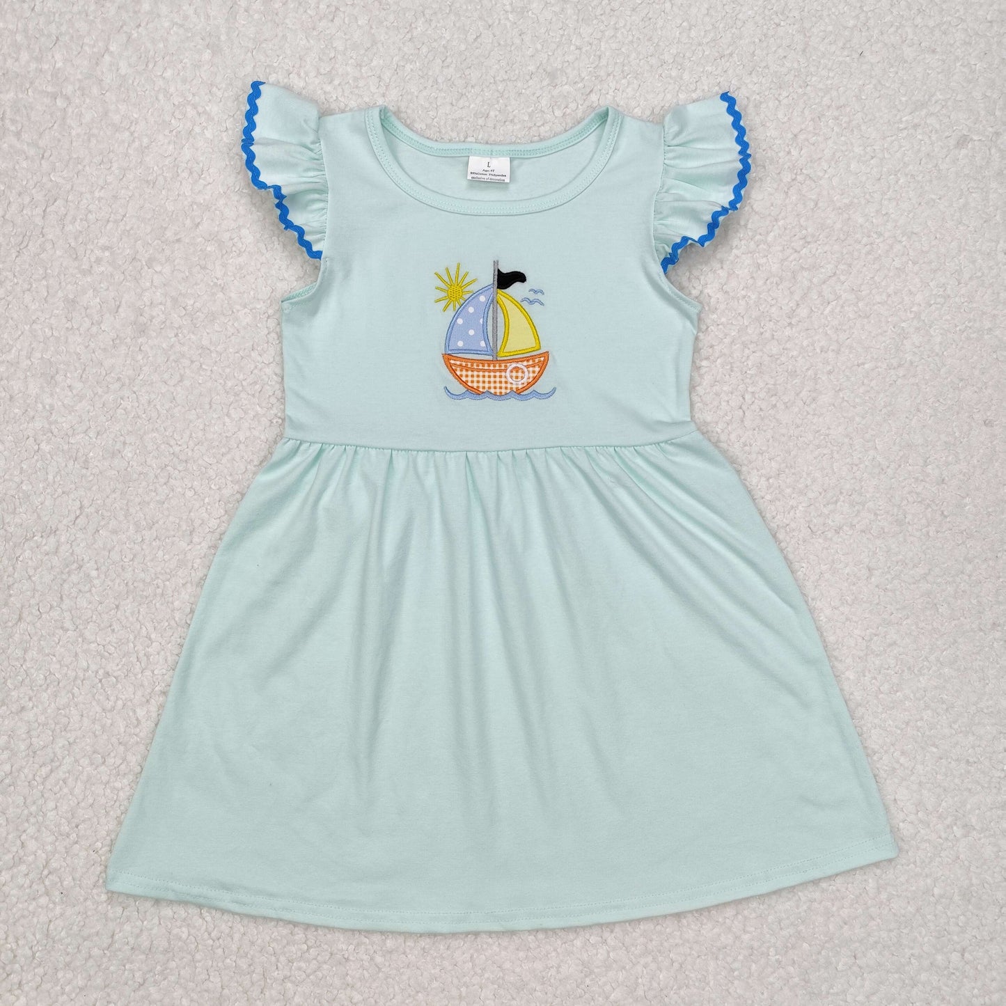 Sibling Baby Aqua Stripe Embroidery Sun Boat Dresses Clothes Set