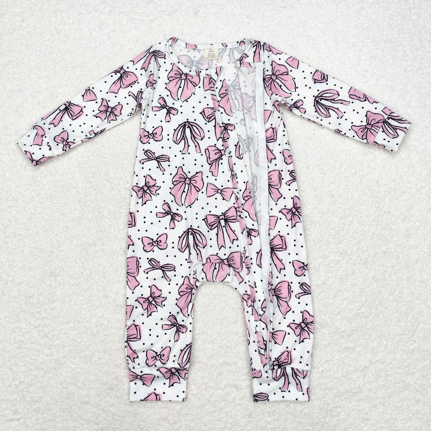 Newborn Baby Girls Pink Bow Long Sleeve Bamboo Romper